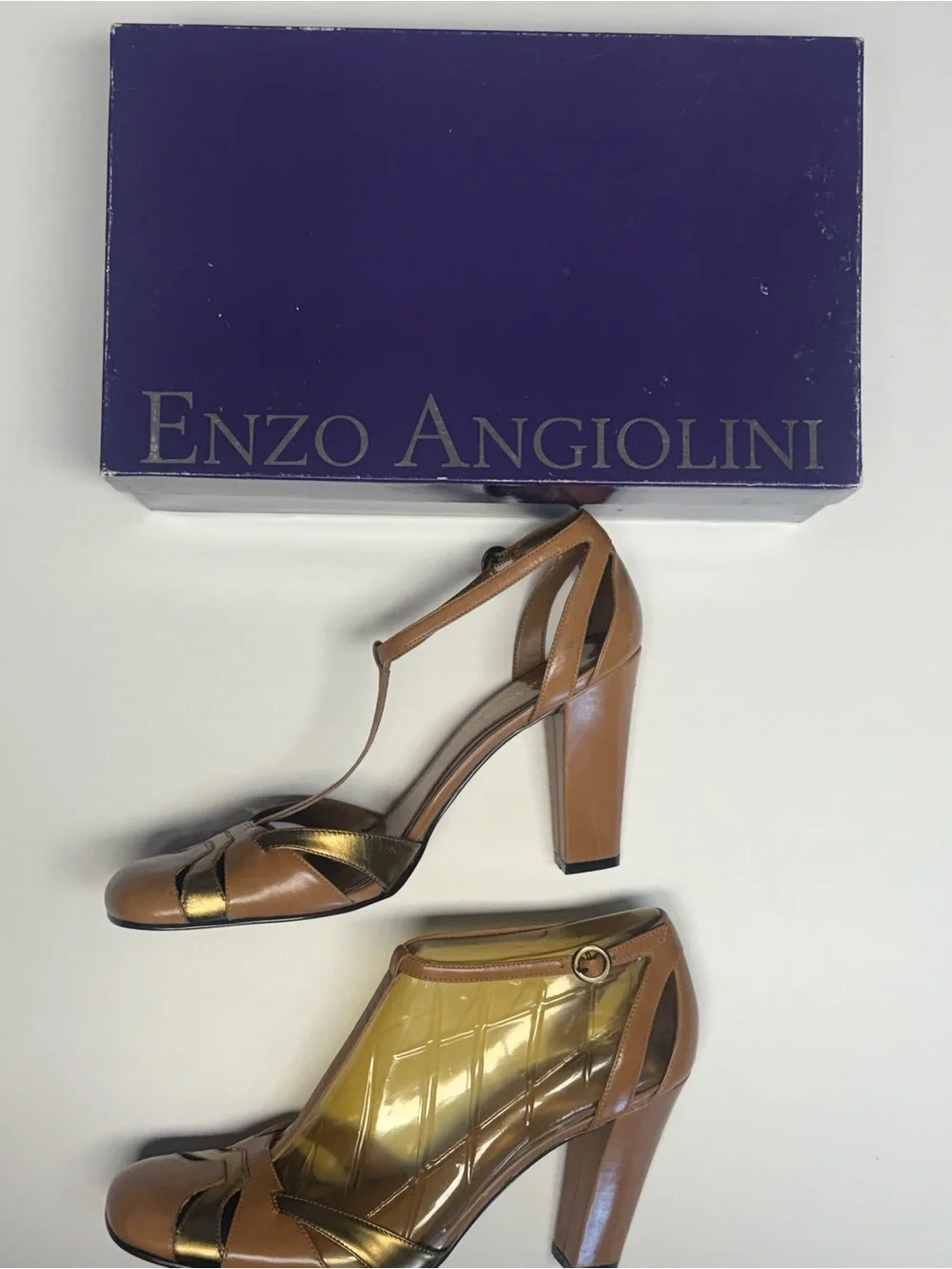 Enzo Angiolini Tan Brown Leather T-Strap Heels with Gold Accents